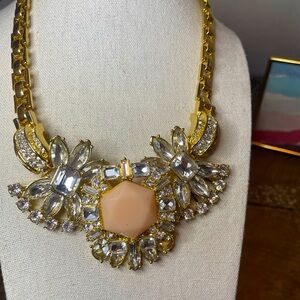 Large Statement Rhinestone Gold Tone Necklace - Pink - Maximalist - Big